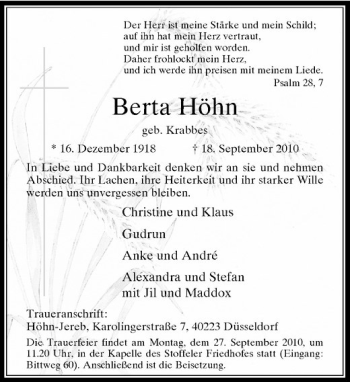 Traueranzeige von Berta Höhn von Rheinische Post