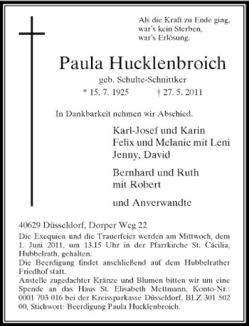 Traueranzeige von Paula Hucklenbroich von Rheinische Post