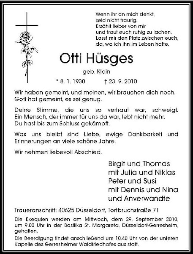  Traueranzeige für Otti Hüsges vom 25.09.2010 aus Rheinische Post