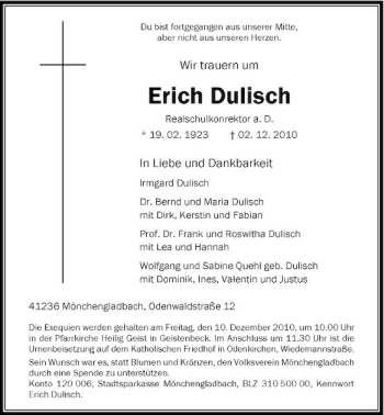 Traueranzeige von Erich Dulisch von Rheinische Post