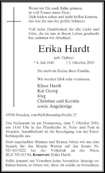 Traueranzeige von Erika Hardt von Rheinische Post
