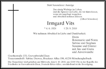 Traueranzeige von Irmgard Vits von Rheinische Post