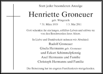 Traueranzeige von Henriette Groneuer von Rheinische Post