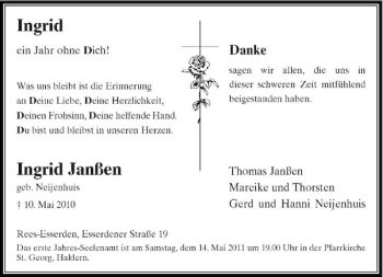 Traueranzeige von Ingrid Janßen von Rheinische Post