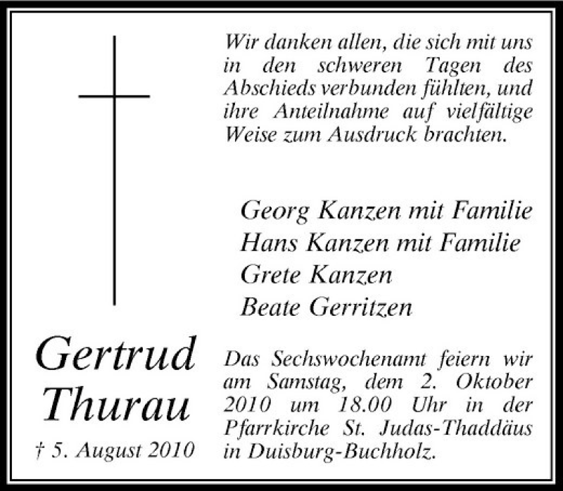  Traueranzeige für Gertrud Thurau vom 29.09.2010 aus Rheinische Post