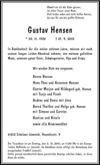 Traueranzeige von Gustav Hensen von Rheinische Post