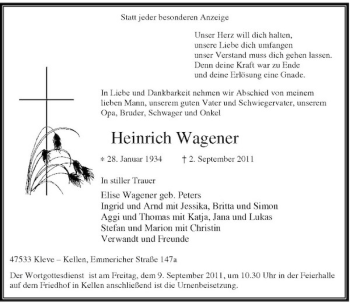 Traueranzeige von Heinrich Wagener von Rheinische Post