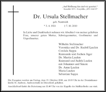 Traueranzeige von Dr. Ursula Stellmacher von Rheinische Post
