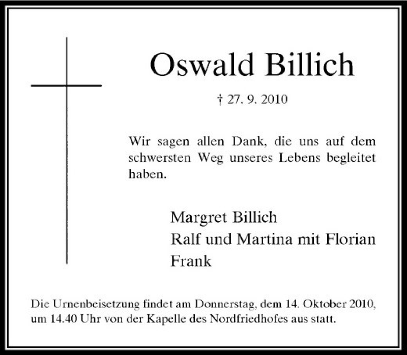 Traueranzeige für Oswald Billich vom 09.10.2010 aus Rheinische Post