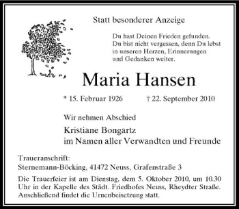 Traueranzeige von Maria Hansen von Rheinische Post