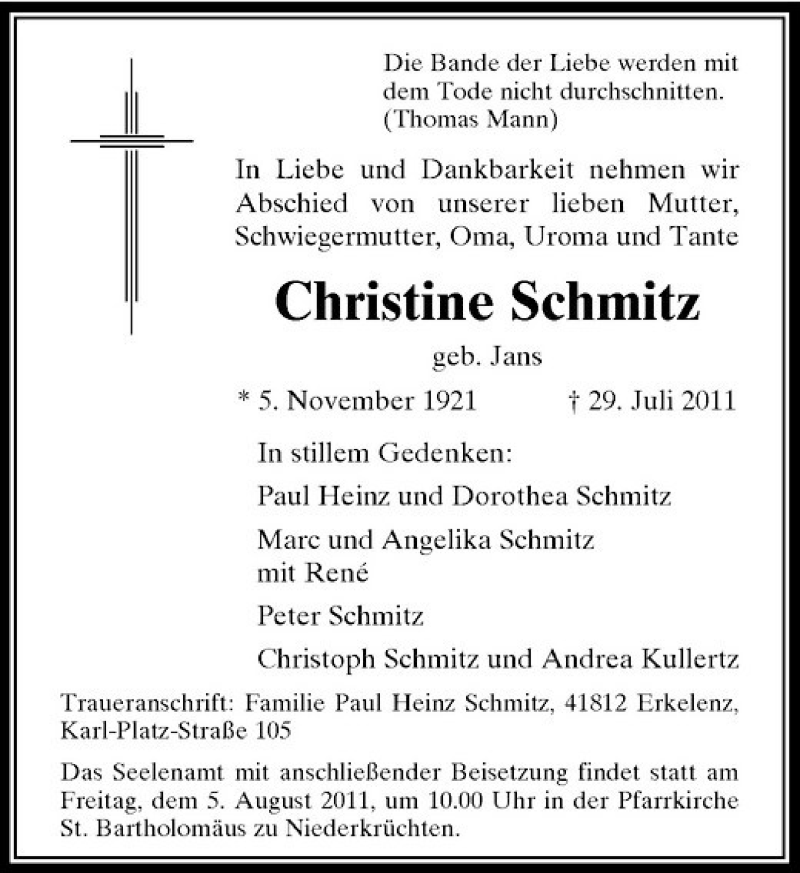 Alle Traueranzeigen für Christine Schmitz | trauer.rp-online.de