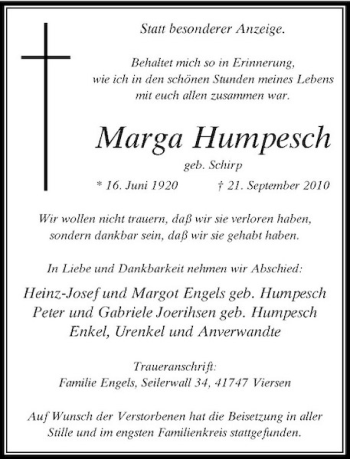 Traueranzeige von Marga Humpesch von Rheinische Post