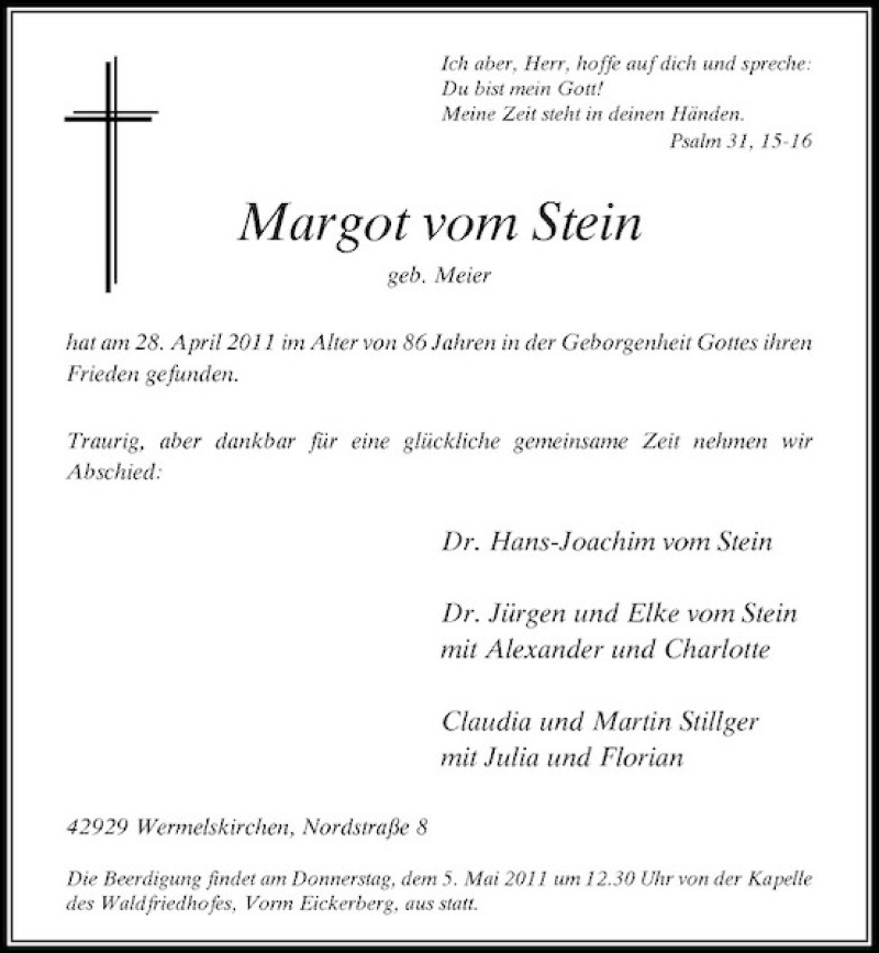  Traueranzeige für Margot vom Stein vom 02.05.2011 aus Rheinische Post