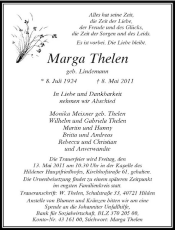 Traueranzeige von Marga Thelen von Rheinische Post