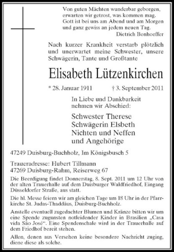 Traueranzeige von Elisabeth Lützenkirchen von Rheinische Post