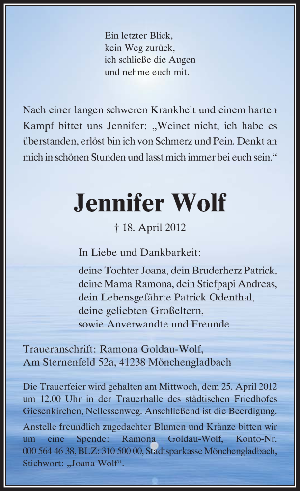  Traueranzeige für Jennifer Wolf vom 21.04.2012 aus Rheinische Post
