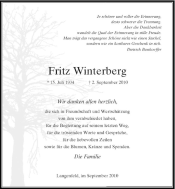 Traueranzeige von Fritz Winterberg von Rheinische Post