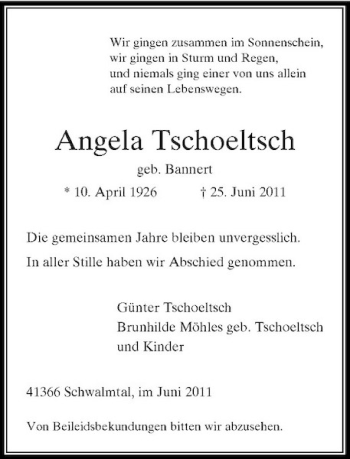 Traueranzeige von Angela Tschoeltsch von Rheinische Post