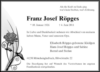 Traueranzeige von Franz Josef Röpges von Rheinische Post