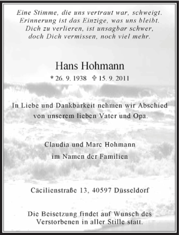 Traueranzeige von Hans Hohmann von Rheinische Post