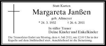 Traueranzeige von Margareta Janßen von Rheinische Post