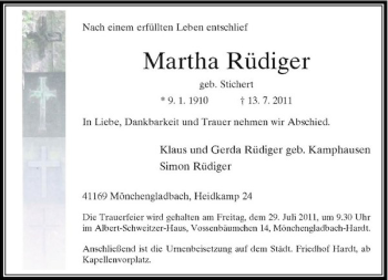 Traueranzeige von Martha Rüdiger von Rheinische Post