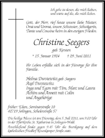 Traueranzeige von Christine Seegers von Rheinische Post