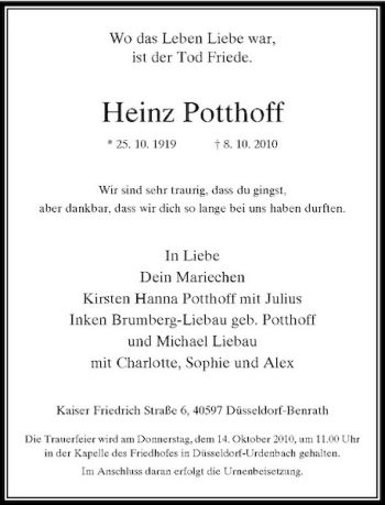 Traueranzeige von Heinz Potthoff von Rheinische Post