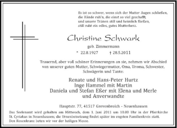 Traueranzeige von Christine Schwark von Rheinische Post