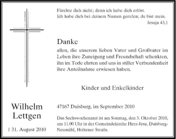 Traueranzeige von Wilhelm Lettgen von Rheinische Post