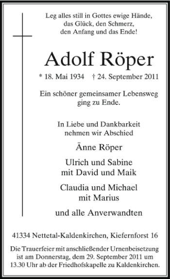 Traueranzeige von Adolf Röper von Rheinische Post