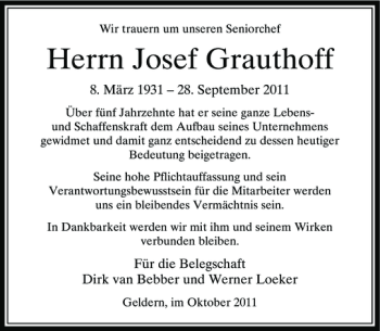 Traueranzeige von Josef Grauthoff von Rheinische Post