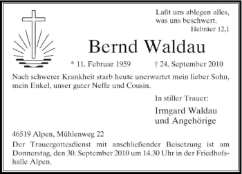 Traueranzeige von Bernd Waldau von Rheinische Post