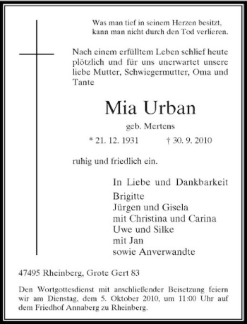 Traueranzeige von Mia Urban von Rheinische Post