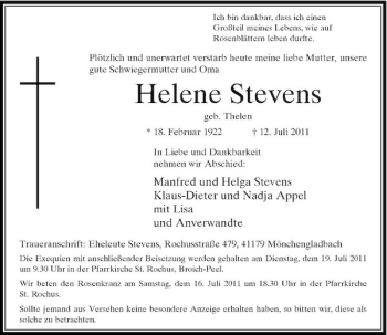 Traueranzeige von Helene Stevens von Rheinische Post