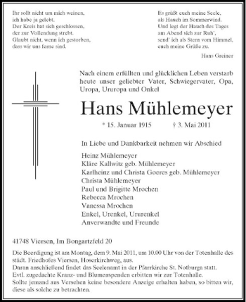 Traueranzeige von Hans Mühlemeyer von Rheinische Post