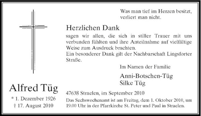  Traueranzeige für Alfred Tüg vom 25.09.2010 aus Rheinische Post