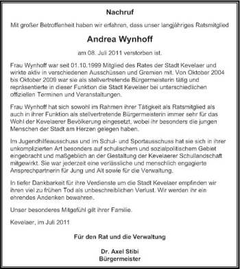 Traueranzeige von Andrea Wynhoff von Rheinische Post