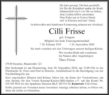 Traueranzeige von Cilli Frisse von Rheinische Post