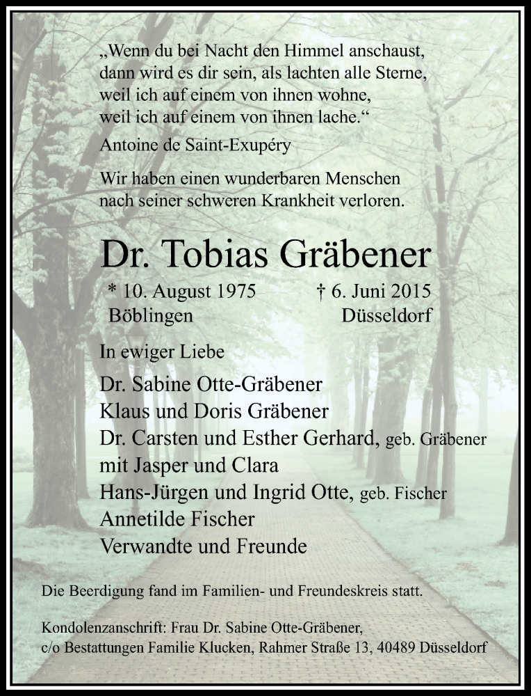  Traueranzeige für Dr. Tobias Gräbener vom 20.06.2015 aus Rheinische Post