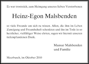 Traueranzeige von Heinz-Egon Malsbenden von Rheinische Post