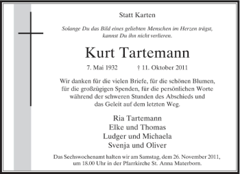 Traueranzeige von Kurt Tartemann von Rheinische Post