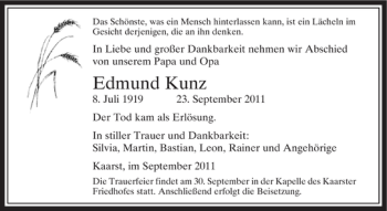 Traueranzeige von Edmund Kunz von Rheinische Post