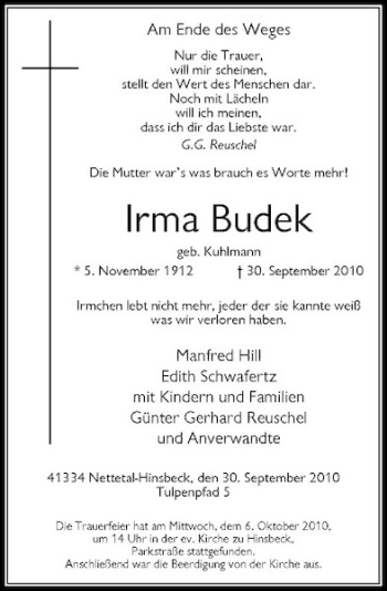 Traueranzeige von Irma Budek von Rheinische Post