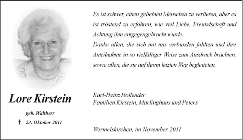  Traueranzeige für Lore Kirstein vom 12.11.2011 aus Rheinische Post