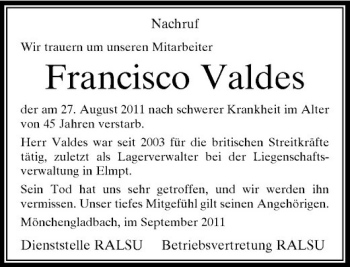 Traueranzeige von Francisco Valdes von Rheinische Post