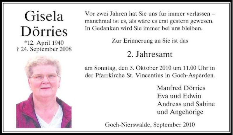  Traueranzeige für Gisela Dörries vom 29.09.2010 aus Rheinische Post