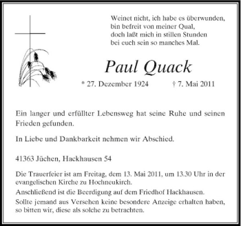 Traueranzeige von Paul Quack von Rheinische Post