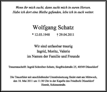 Traueranzeige von Wolfgang Schatz von Rheinische Post