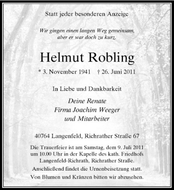 Traueranzeige von Helmut Robling von Rheinische Post